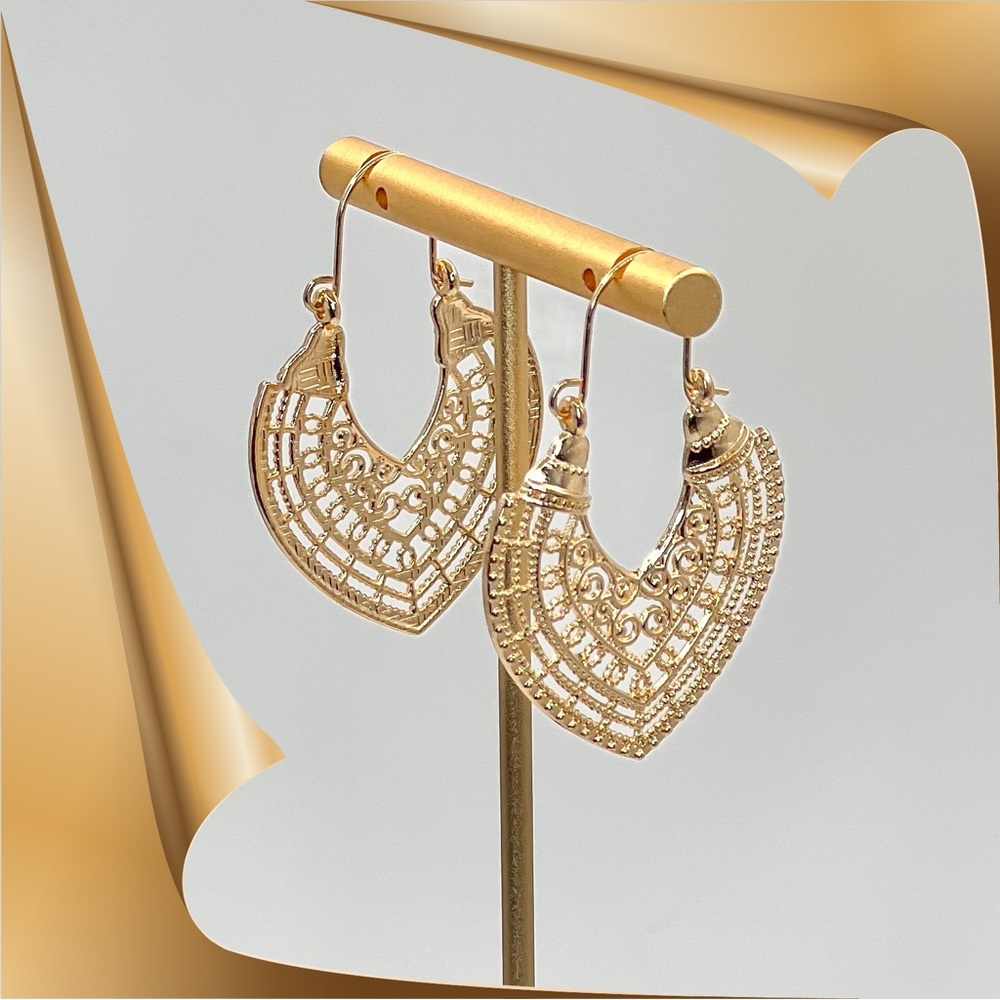 ❀ Gold Geometric Hollow Drop Dangle Pierced Minimalist Earrings - Picture 1 of 4
